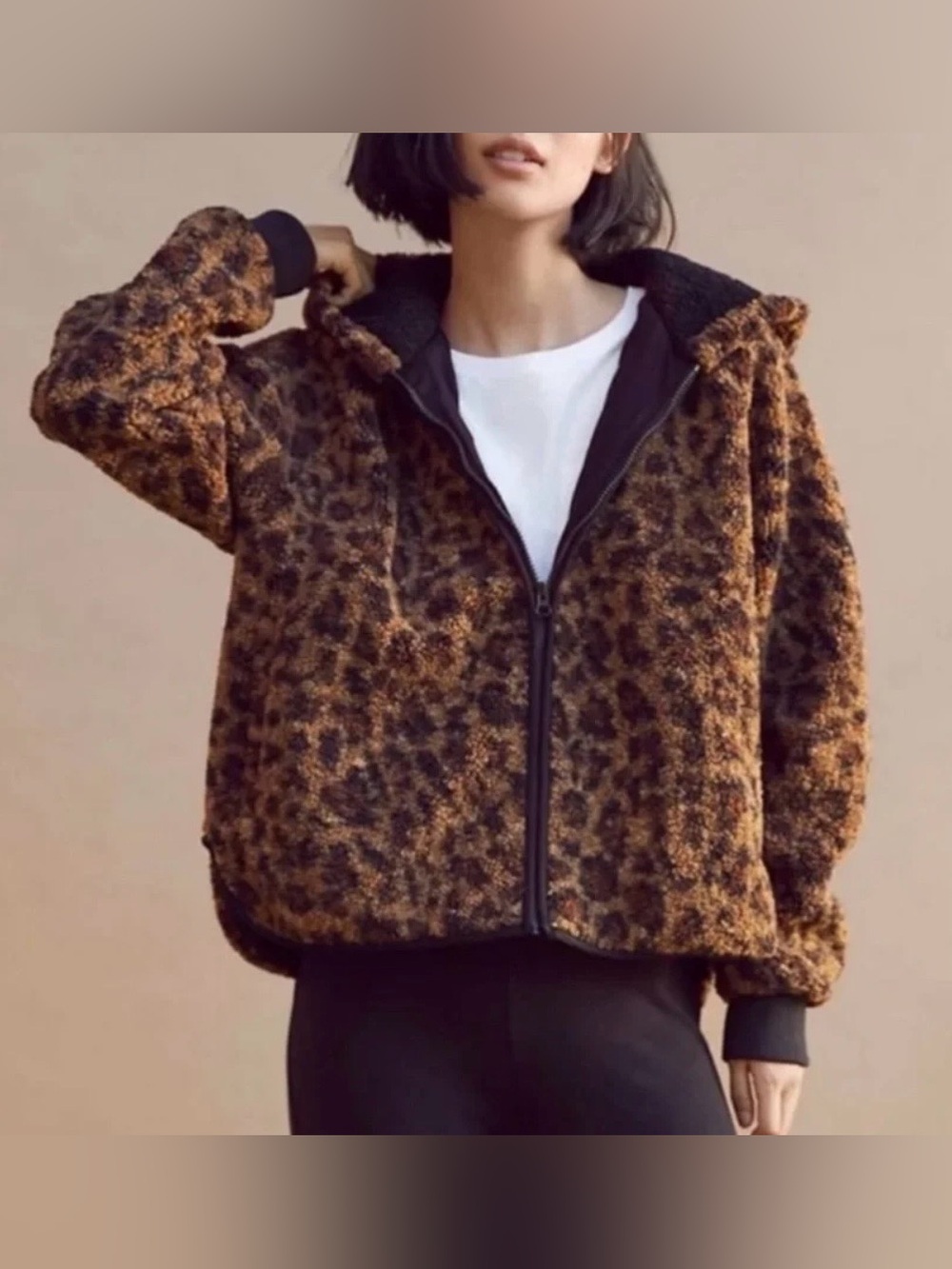 Loft Lou & Grey Cheetah Leopard Print Sherpa Zip Up Jacket Brown/Black SZ XL